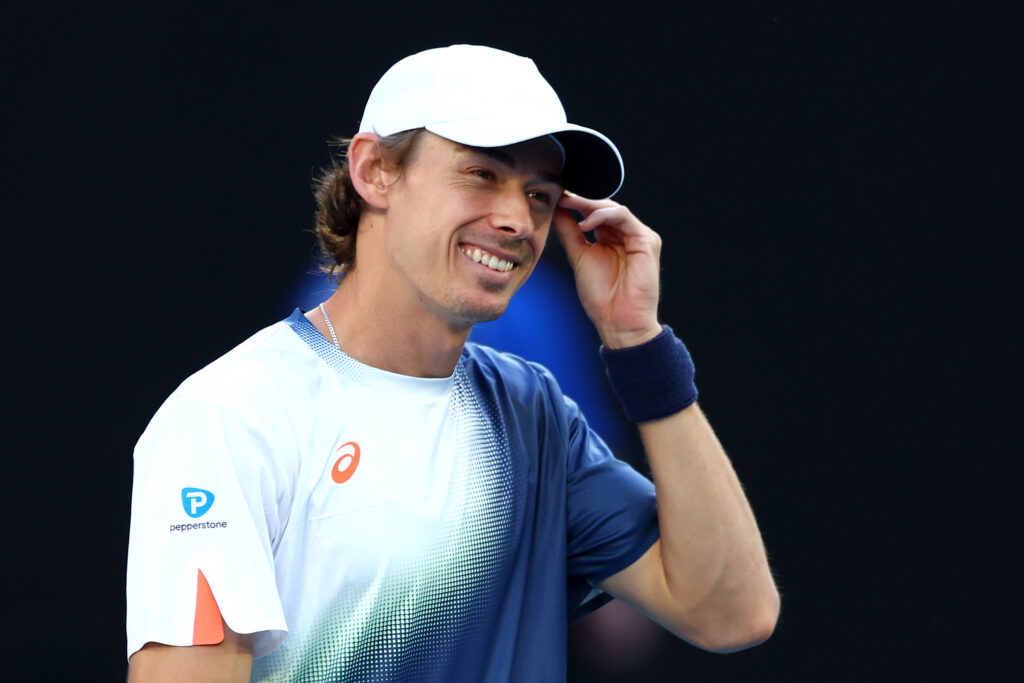 Alex de Minaur of Australia smiles before his charity match against Carlos Alcaraz of Spain ahead of the 2025 Australian Open at Melbourne Park on January 08, 2025 in Melbourne, Australia.