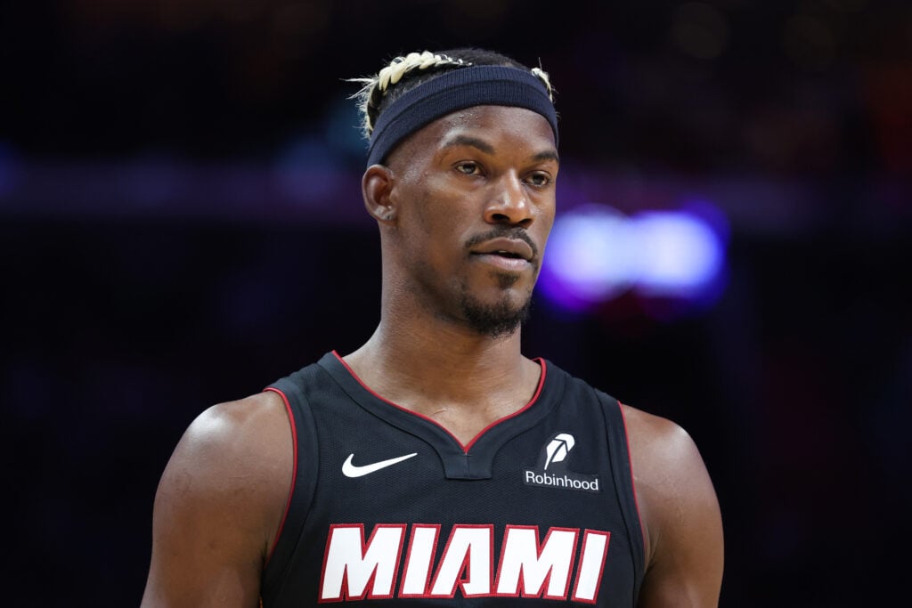 Jimmy Butler #22 of the Miami Heat looks on against the San Antonio Spurs