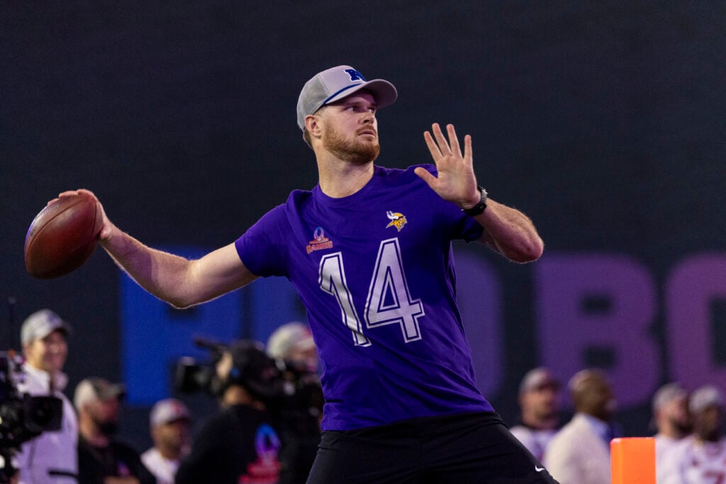 Sam Darnold #14 of the Minnesota Vikings and NFC competes in the passing challenge during the 2025 NFL Pro Bowl Skills Showdown on January 30, 2025 at the UCF Campus in Orlando, Florida.