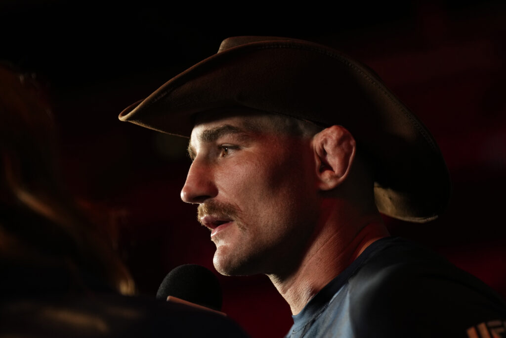 Sean Strickland is interviewed during the UFC 312 ceremonial weigh-in at Qudos Bank Arena on February 07, 2025 in Sydney, Australia.