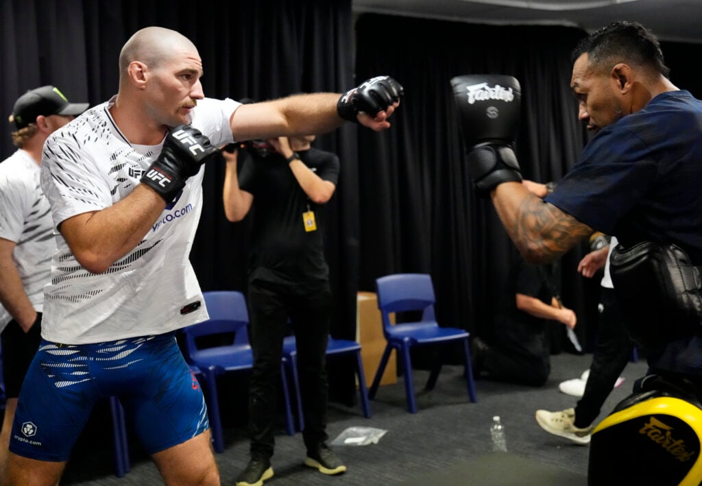 Sean Strickland warms up prior to his fight during the UFC 312 event at Qudos Bank Arena on February 09, 2025 in Sydney, Australia.