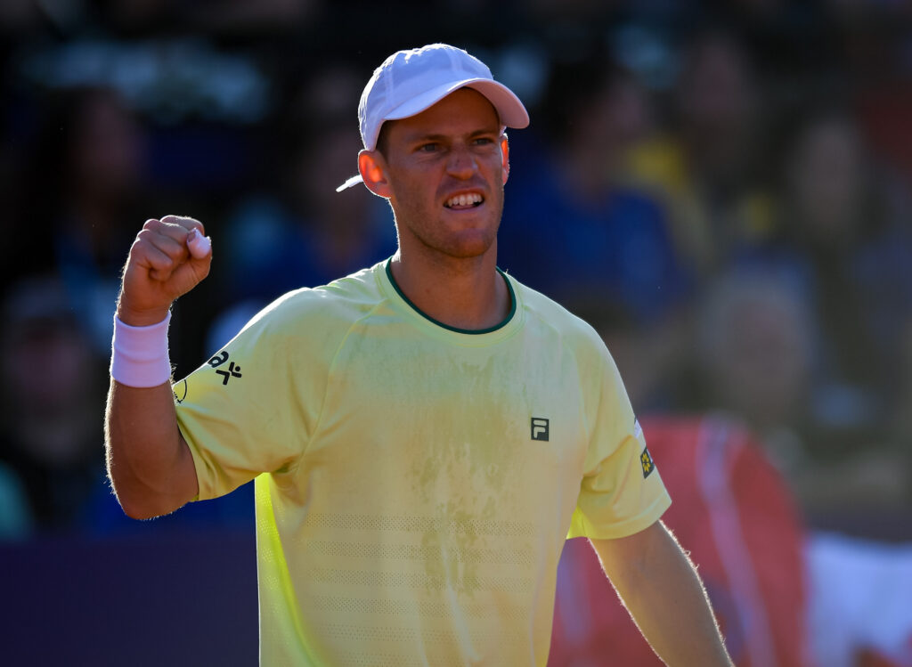 Diego Schwartzman of Argentina celebrates after winning a match against Nicolas Jarry of Chile during day 3 of the IEB+ Argentina Open 2025 at Buenos Aires Lawn Tennis Club on February 12, 2025 in Buenos Aires, Argentina.