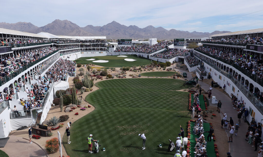 Akshay Bhatia of the United States plays his shot from the 16th tee during the final round of the WM Phoenix Open 2025 at TPC Scottsdale