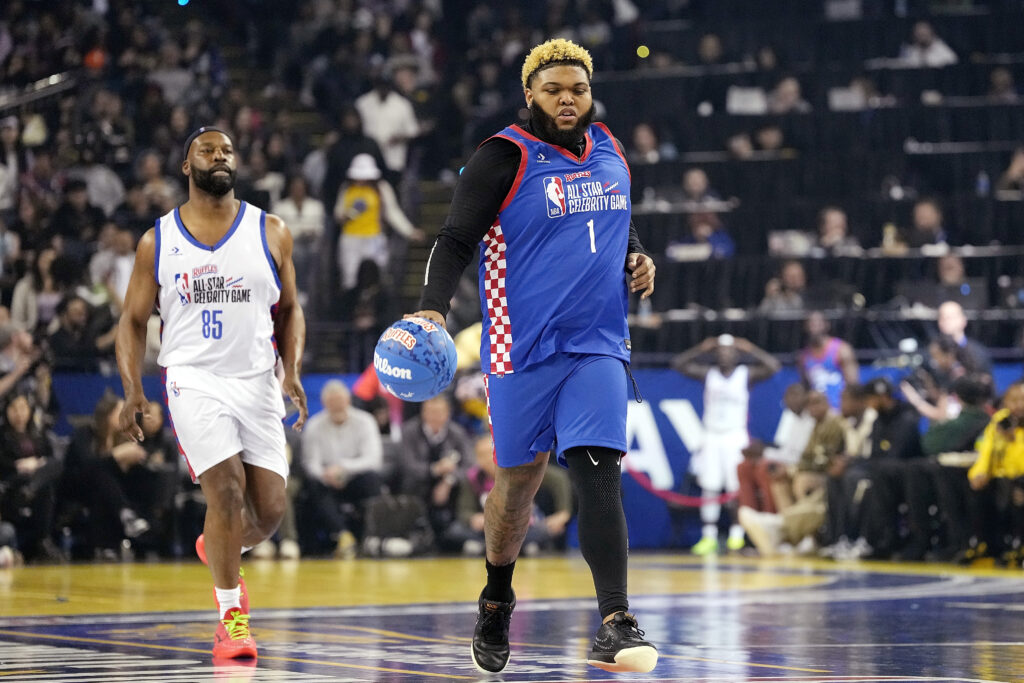 Druski (R) of Team Rice and Baron Davis of Team Bonds play in the 2025 NBA All-Star Celebrity Game at Oakland Arena on February 14, 2025.
