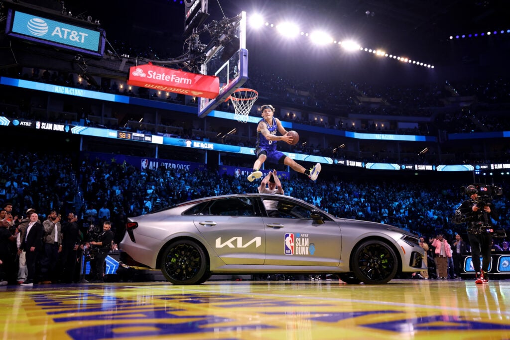 Mac McClung #8 of the Orlando Magic dunks the ball during the 2025 AT&T Slam Dunk Contest as part of the State Farm All-Star Saturday