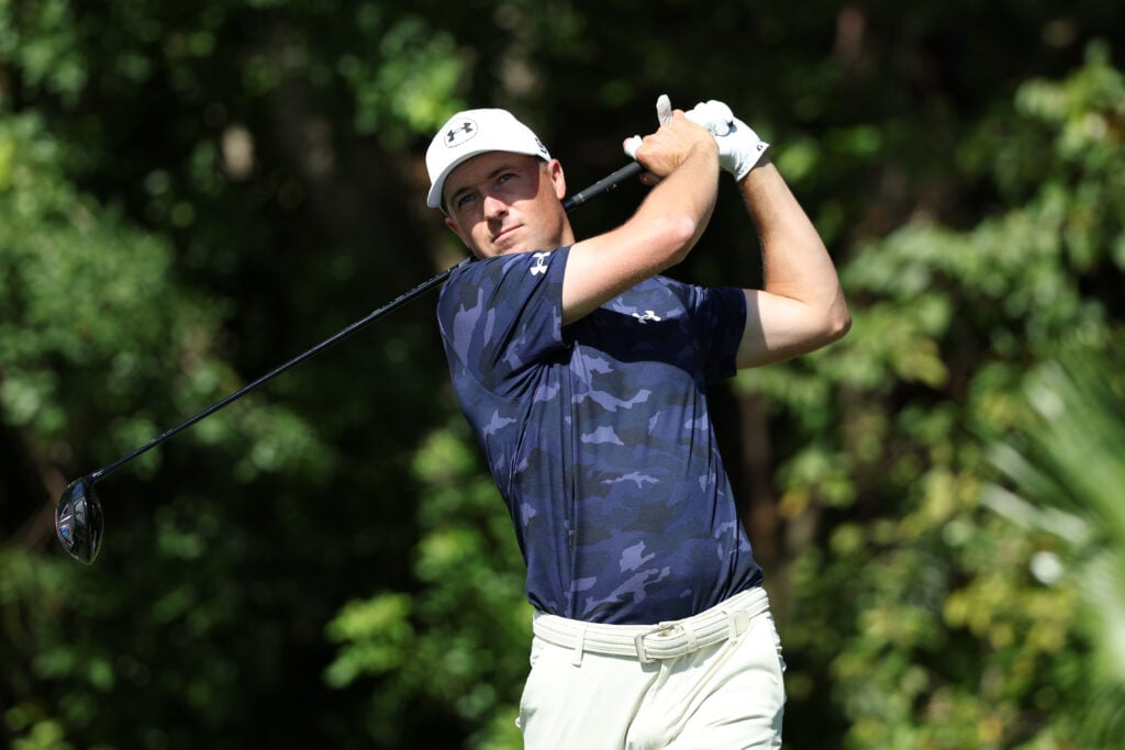 Jordan Spieth of the United States plays his shot from the third tee during the first round of the Cognizant Classic in The Palm Beaches 2025