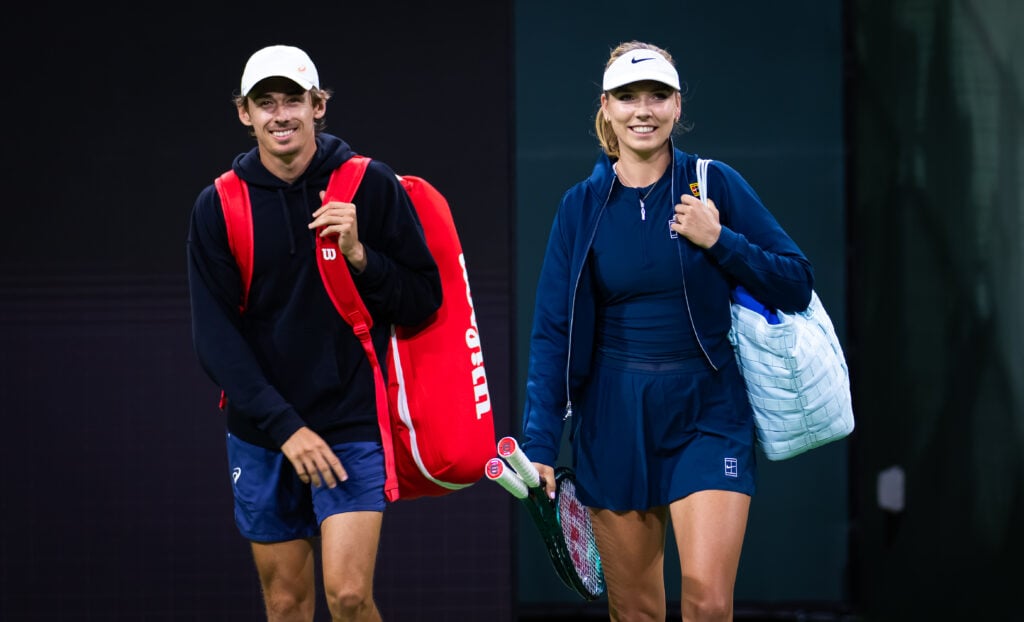 Alex de Minaur and Katie Boulter walking on to court for their doubles match at Indian Wells.