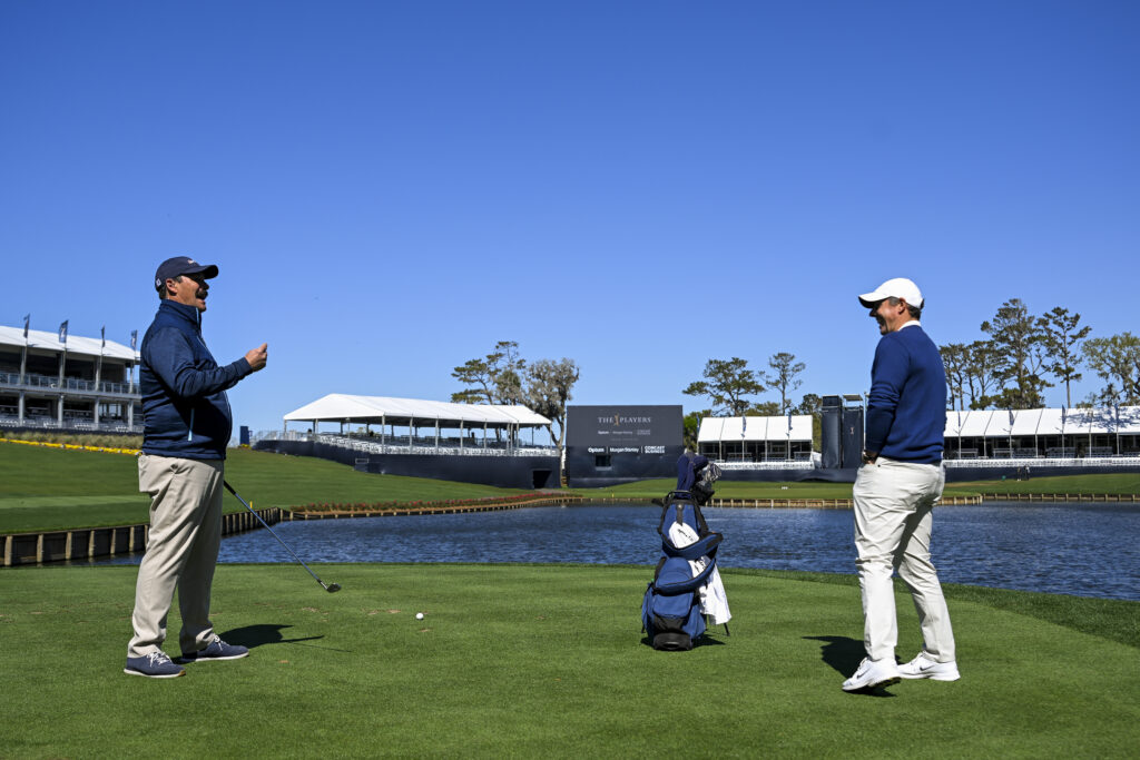 Rory McIlroy of Northern Ireland talks with Golf Channel reporter Johnson Wagner after winning THE PLAYERS Championship 2025 at TPC Sawgrass
