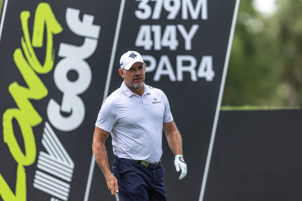 Lee Westwood of Majesticks GC looks on from the fifth tee during Day Two of LIV Golf Miami at Trump National Doral Miami