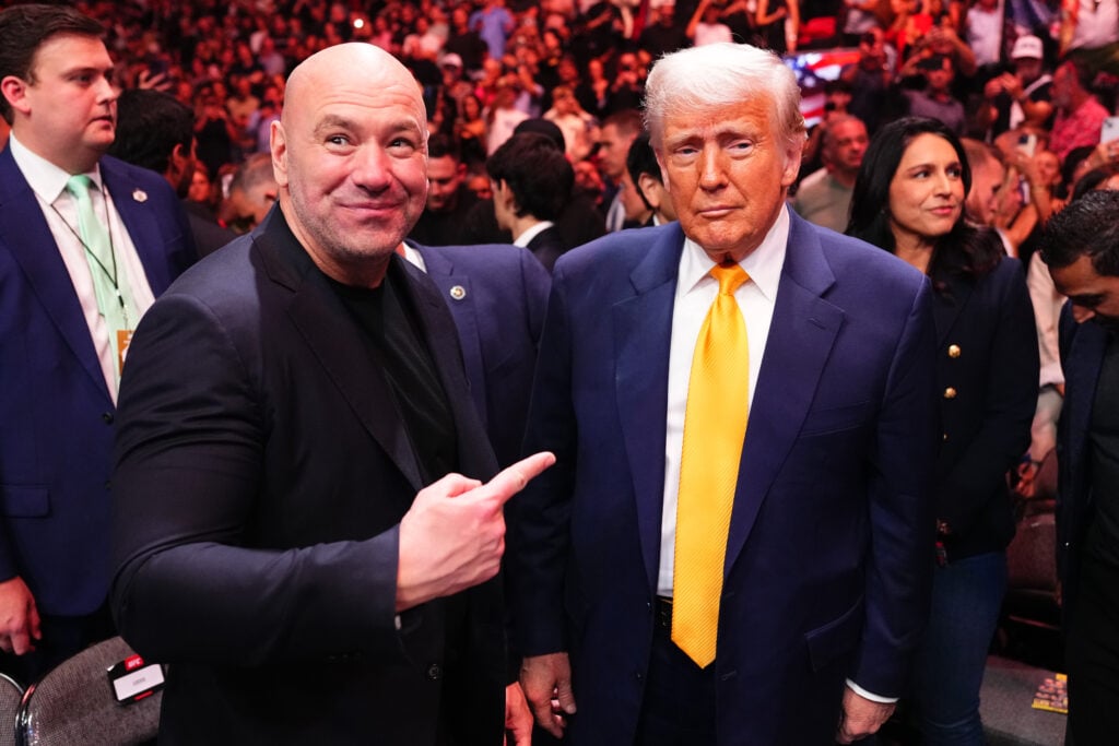 U.S. President Donald Trump attends the UFC 314 event alongside UFC President and CEO Dana White at Kaseya Center on April 12, 2025 in Miami, Florida.