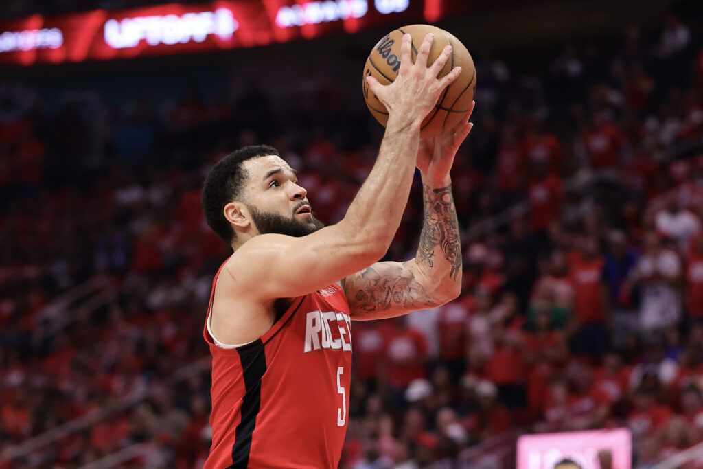 Fred VanVleet #5 of the Houston Rockets shoots the ball against the Golden State Warriors during the second quarter in Game Five of the Western Conference First Round NBA Playoffs at Toyota Center.
