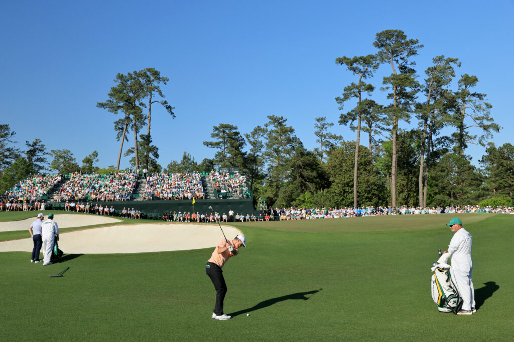 Justin Rose of England plays his third shot on the 17th hole during the final round of the 2025 Masters Tournament