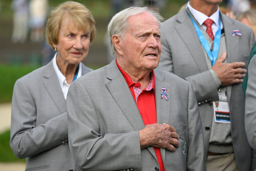 Jack Nicklaus stands during the national anthem during the Folds of Honor Friday ceremony after the second round of the Memorial Tournament presented by Workday at Muirfield Village Golf Club