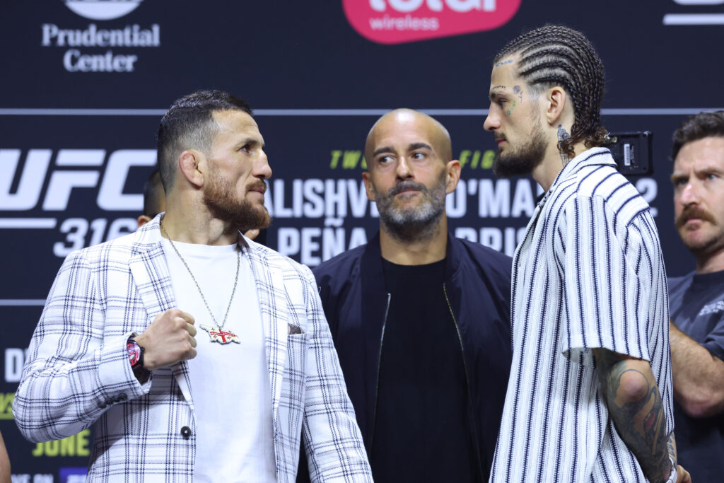 Opponents Merab Dvalishvili of Georgia and Sean O'Malley face off during the UFC 316 press conference at Prudential Center on June 05, 2025 in Newark, New Jersey.