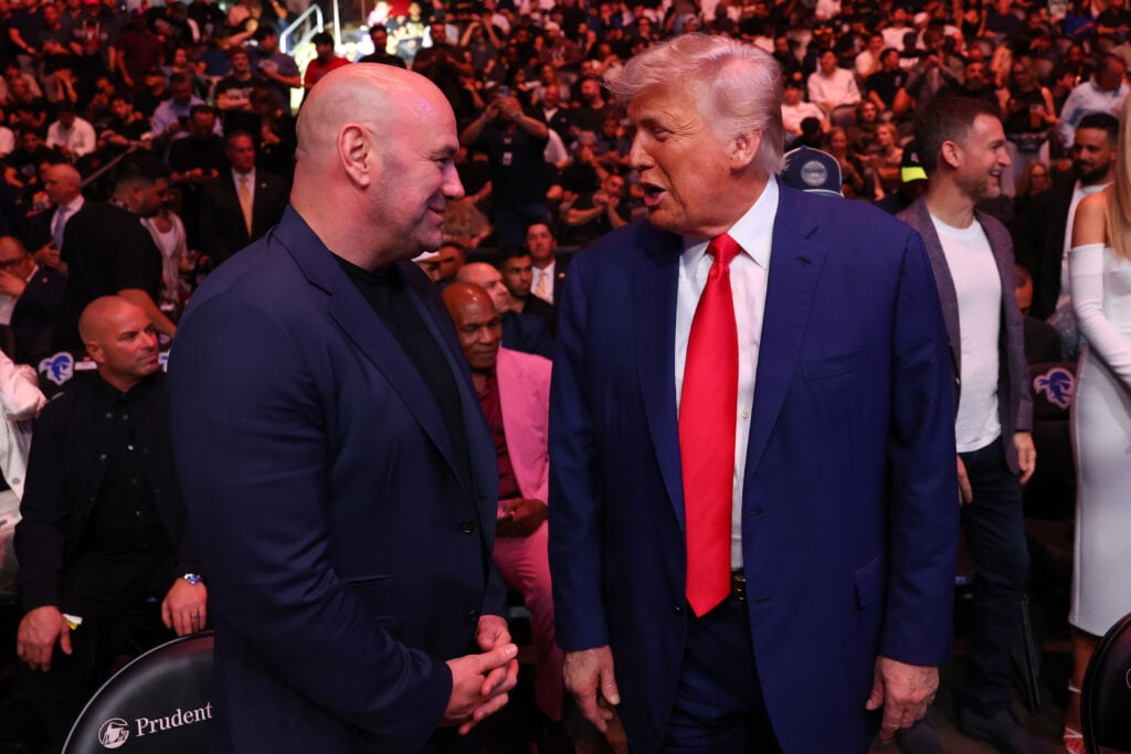 U.S. President Donald Trump talks with UFC President and CEO Dana White during the UFC 316 event at Prudential Center.