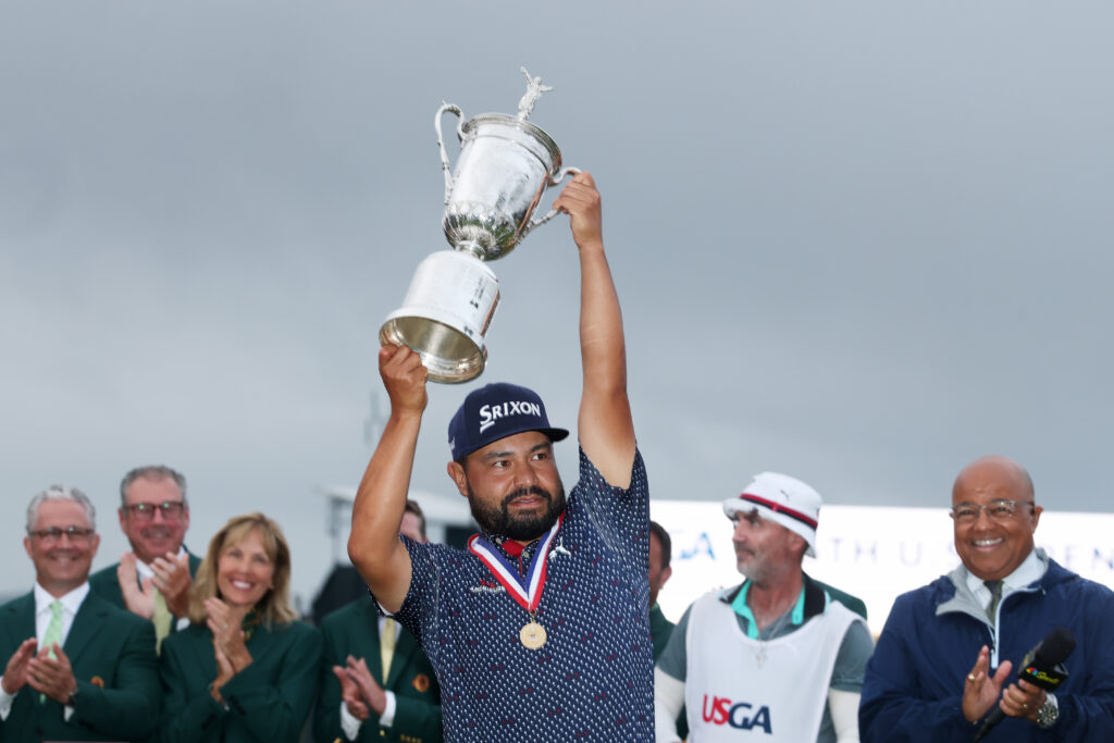 J.J. Spaun of the United States celebrates with the trophy after winning during the final round of the 125th U.S. OPEN at Oakmont Country Club