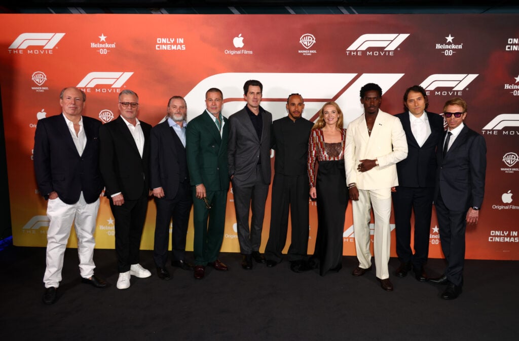 Hans Zimmer, Chad Oman, Shea Whigham, Brad Pitt, Joseph Kosinski, Lewis Hamilton, Kerry Condon, Damson Idris, Jeremy Kleiner and Jerry Bruckheimer attend the European Premiere of F1 ® The Movie at Cineworld, Leicester Square on June 23, 2025 in London, England.