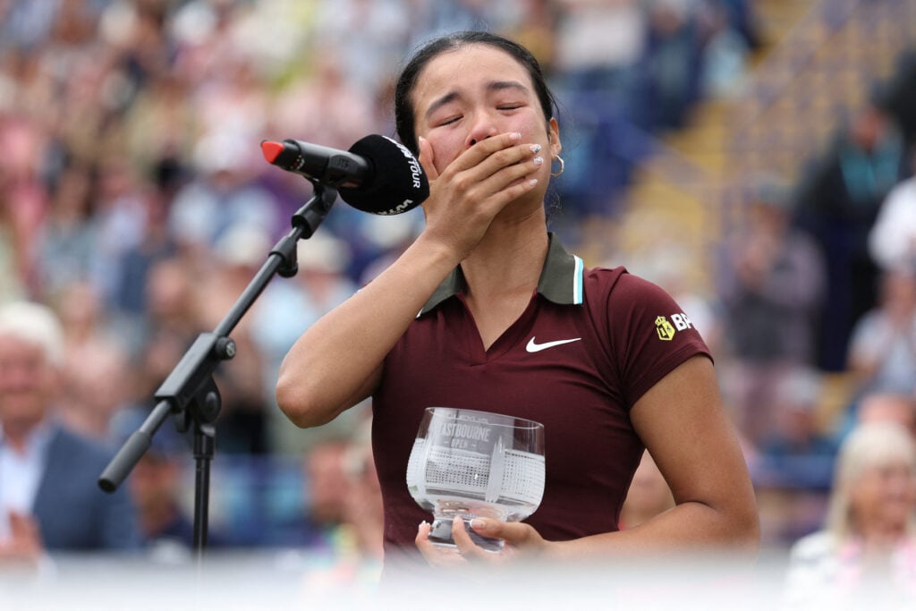 Philippines' Alexandra Eala sheds a tear at the presentation ceremony after her defeat to Australia's Maya Joint in their women's singles final tennis match on day six of the Lexus Eastbourne International tennis tournament in Eastbourne, southern England, on June 28, 2025. Joint won the match in three sets, 12-10 in a third set tie-break.