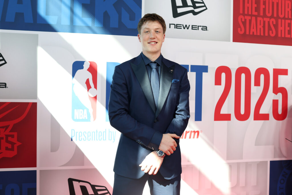 Kon Knueppel poses on the red carpet prior to the 2025 NBA Draft - Round One at Barclays Center on June 25, 2025 in New York City.