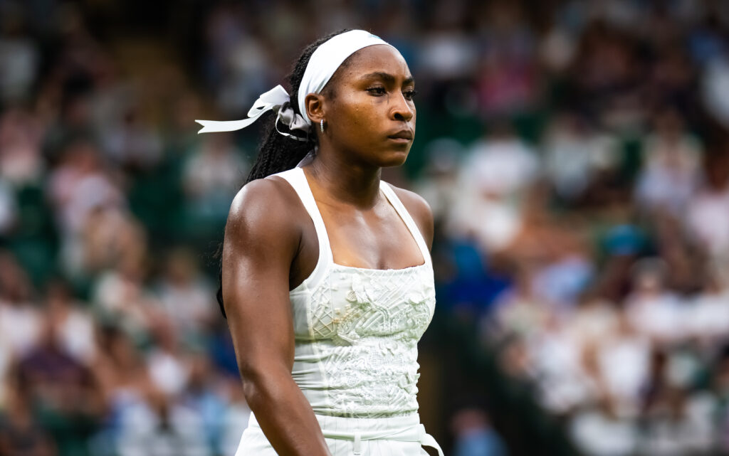 Coco Gauff of the United States reacts while playing against Dayana Yastremska of Ukraine in the first round on Day Two of The Championships Wimbledon 2025 at All England Lawn Tennis and Croquet Club.