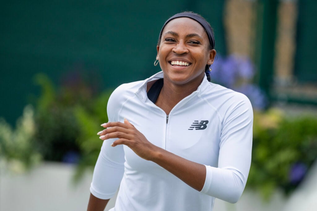 Coco Gauff of the United States during warm up while training in preparation for the Wimbledon Lawn Tennis Championships at the All England Lawn Tennis and Croquet Club at Wimbledon on June 28th, 2025, in London, England.