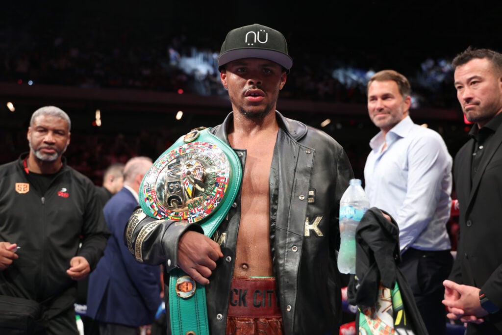 Shakur Stevenson reacts after defeating William Zepeda during their lightweight title fight at Louis Armstrong Stadium on July 12, 2025 in New York City.