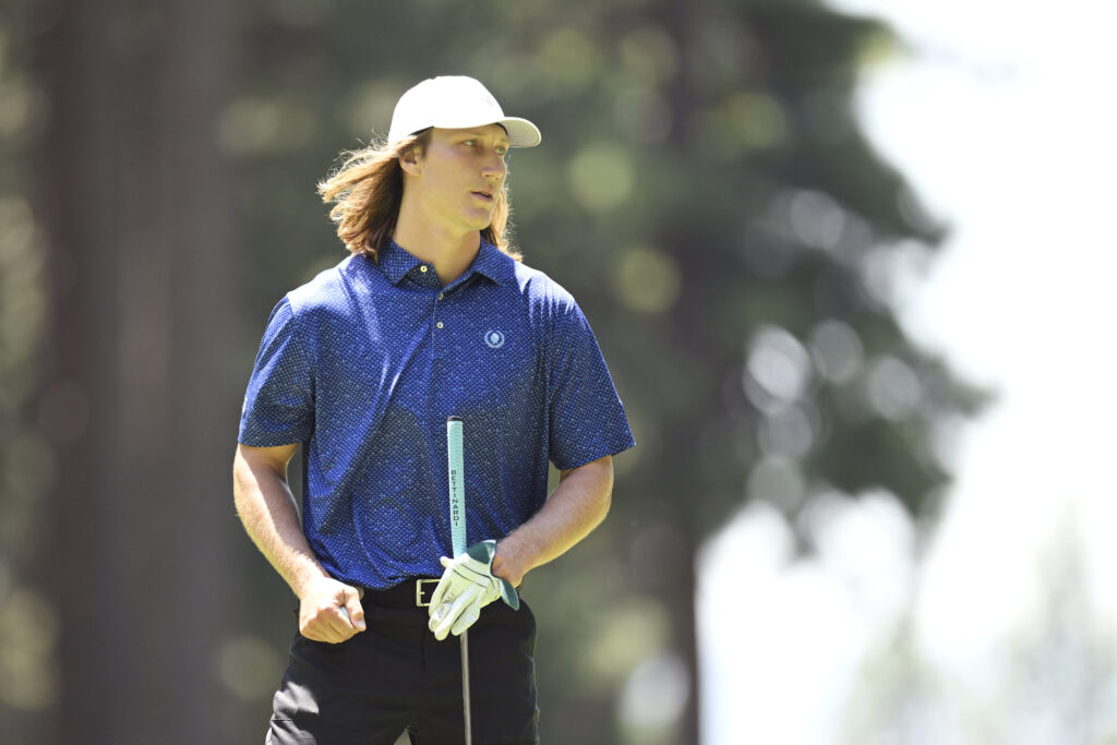 Trevor Lawrence stands on the 15th green during the first round of the American Century Championship