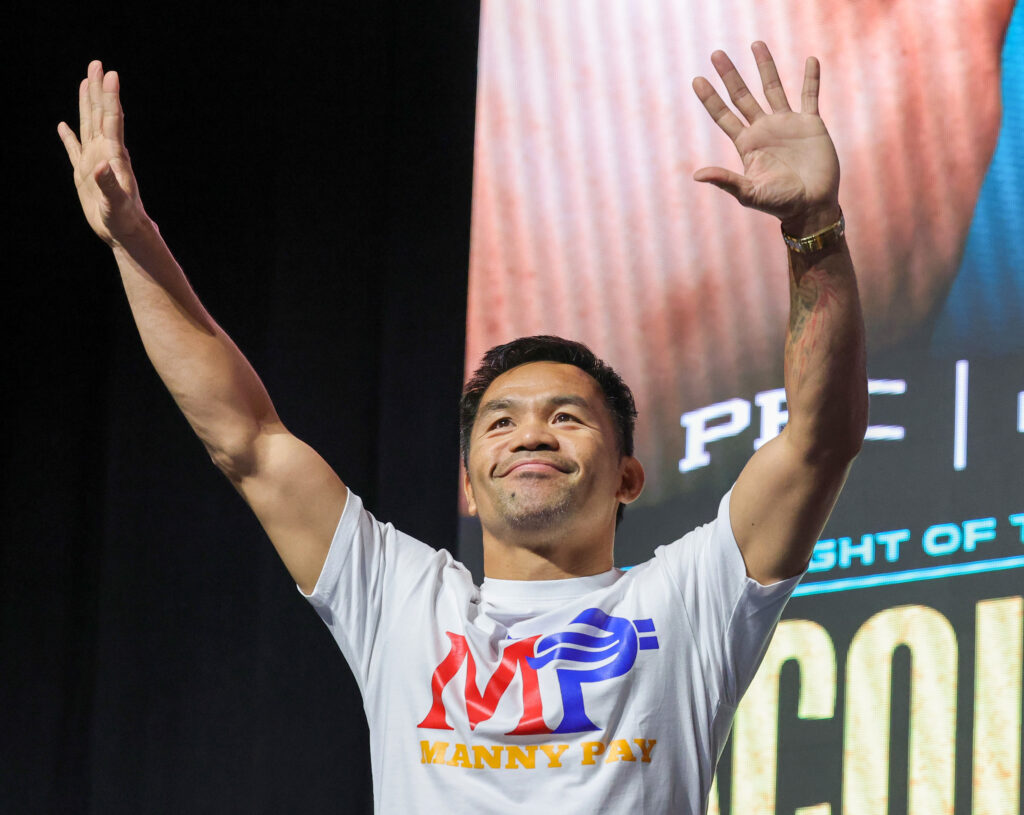 Manny Pacquiao gestures to fans during a ceremonial weigh-in at MGM Grand Garden Arena on July 18, 2025 in Las Vegas, Nevada. Pacquiao, who announced he was coming out of retirement nearly four years after his last fight, is scheduled to challenge WBC welterweight champion Mario Barrios for his title on July 19 at MGM Grand Garden Arena.