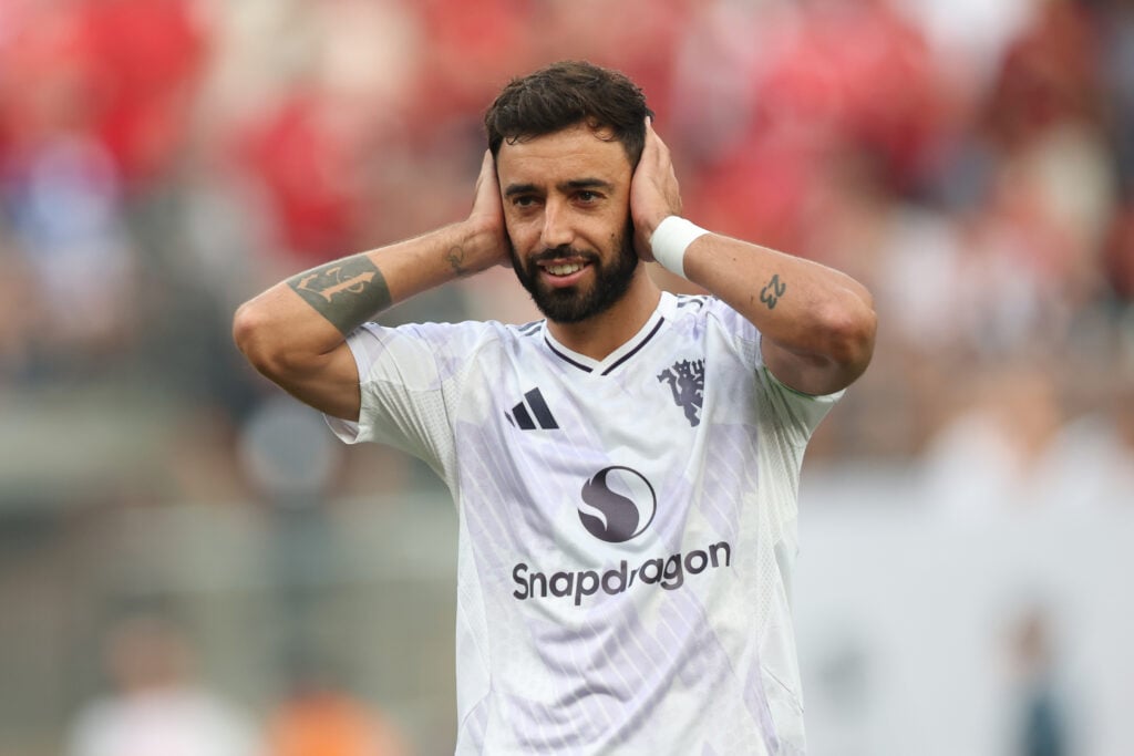 Bruno Fernandes of Manchester United celebrates after scoring the team's first goal via penalty during the Premier League Summer Series match between Manchester United and West Ham United FC at MetLife Stadium.