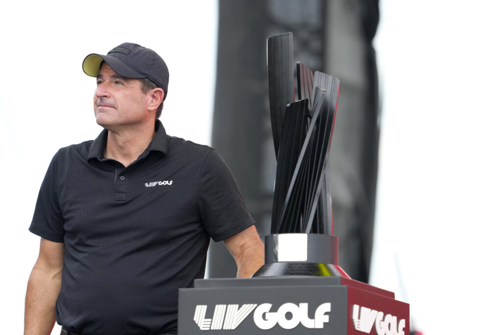 Scott O'Neil, LIV Golf CEO, looks on during the award ceremony on day three of LIV Golf Chicago at Bolingbrook Golf Club