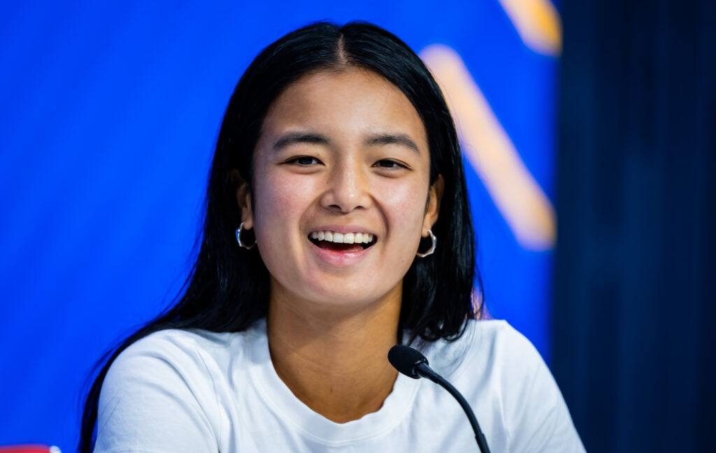 Alexandra Eala of the Philippines talks to the media after defeating Clara Tauson of Denmark in the first round on Day 1 of the US Open at USTA Billie Jean King National Tennis Center on August 24, 2025 in New York City