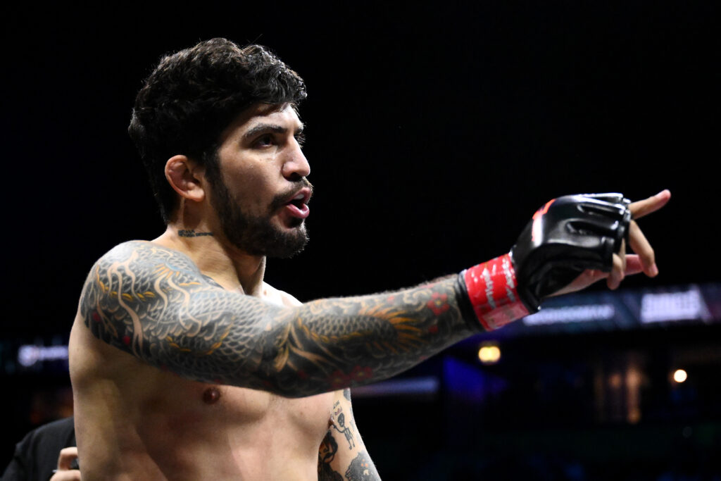 Dillon Danis celebrates after victory in the MF MMA Championship fight between Dillon Danis and Warren Spencer during the Misfits 22 - Ring of Thrones fight night at AO Arena.