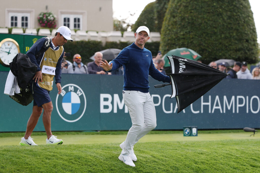 Rory McIlroy acknowledges the crowd on the first tee on day one of the BMW PGA Championship 2025 at Wentworth Golf Club