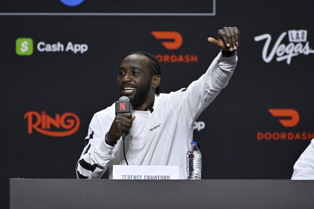 Terence Crawford speaks onstage during Netflix's Canelo vs Crawford press conference at T-Mobile Arena.