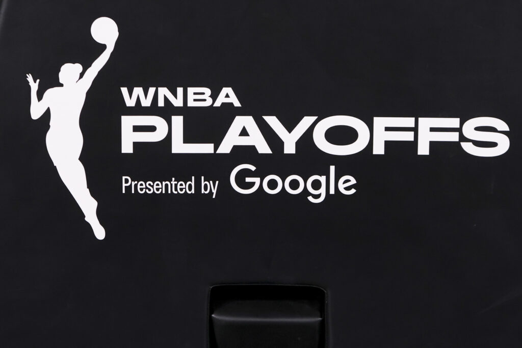A general view of a hoop branded with the WNBA Playoffs logo is displayed before Game One of the 2025 WNBA Playoffs first round between the Las Vegas Aces and the Seattle Storm at Michelob ULTRA Arena on September 14, 2025 in Las Vegas, Nevada.