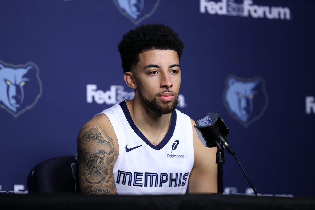 Scotty Pippen Jr. #1 of the Memphis Grizzlies speaks at a news conference during the Memphis Grizzlies Media Day at FedExForum.