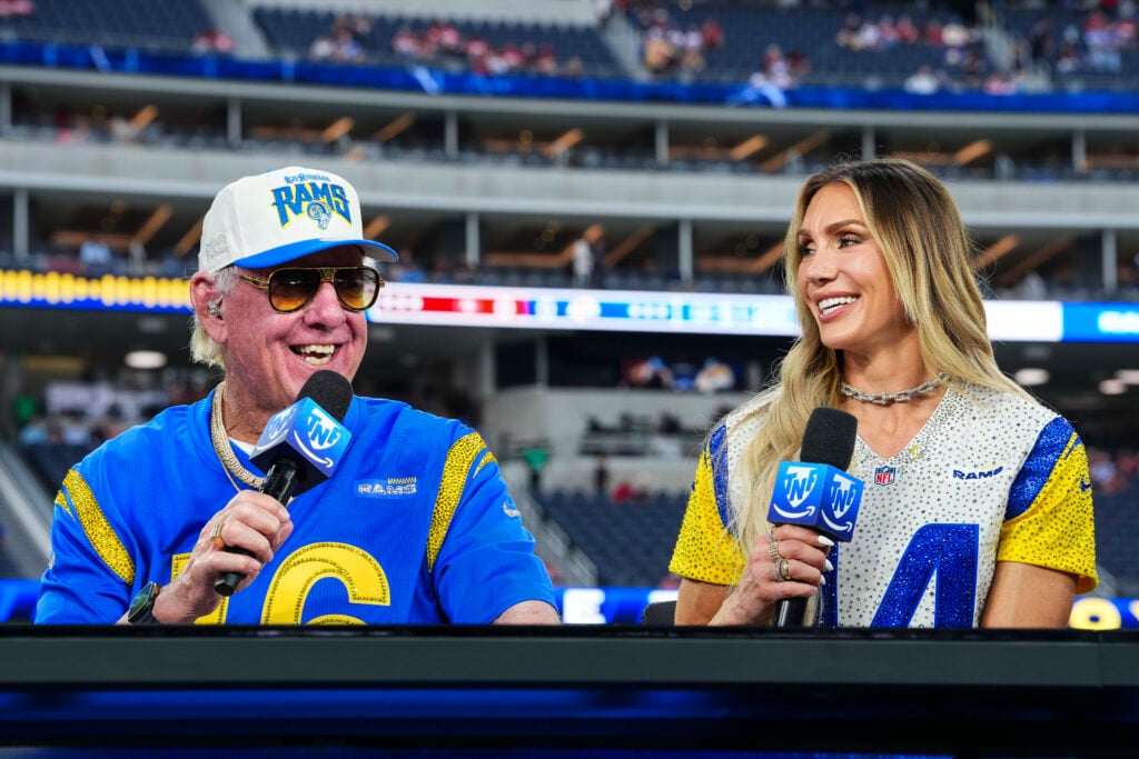 Ric Flair and Charlotte Flair visit on set of the TNF on Prime pregame show prior to an NFL football game between the San Francisco 49ers and the Los Angeles Rams at SoFi Stadium on October 2, 2025 in Inglewood, California.