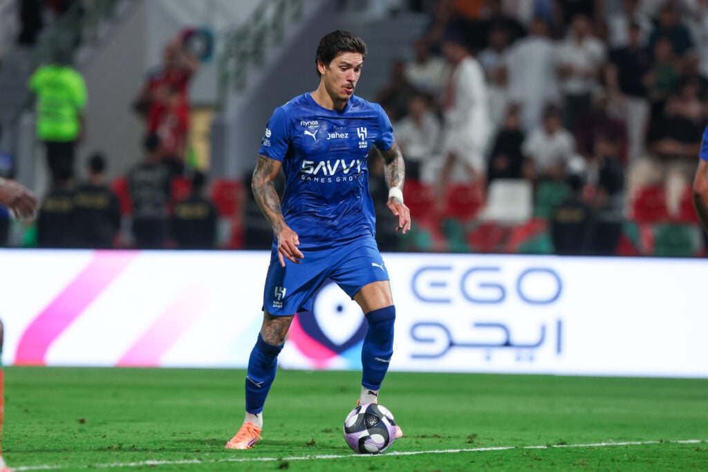 Darwin Nunez of Al Hilal celebrates after scoring the 2nd goal during the Saudi Pro League match between Al Ettifaq and Al Hilal at on October 18, 2025 in Dammam, Saudi Arabia.