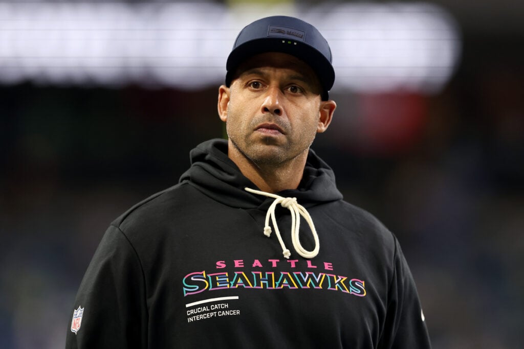 Defensive coordinator Aden Durde of the Seattle Seahawks looks on before the game against the Houston Texans
