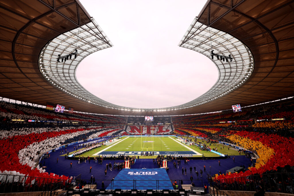 A general view inside the stadium as the fans display a NFL themed Tifo prior to the NFL 2025 game between Atlanta Falcons and Indianapolis Colts at Olympiastadion on November 09, 2025 in Berlin, Germany.