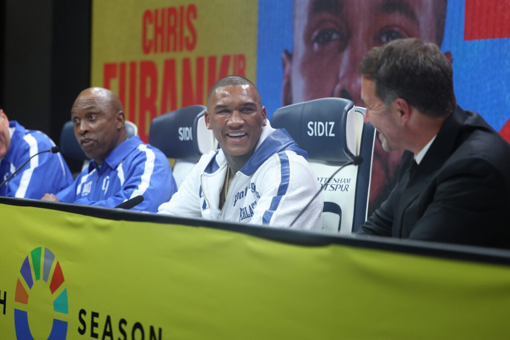 Conor Benn at press conference, with father Nigel Benn (left) and Eddie Hearn Matchroom Boxing Chairman (right) after winning his Middleweight Contest against Chris Eubank Jr. at Tottenham Hotspur Stadium on November 15, 2025 in London, England.