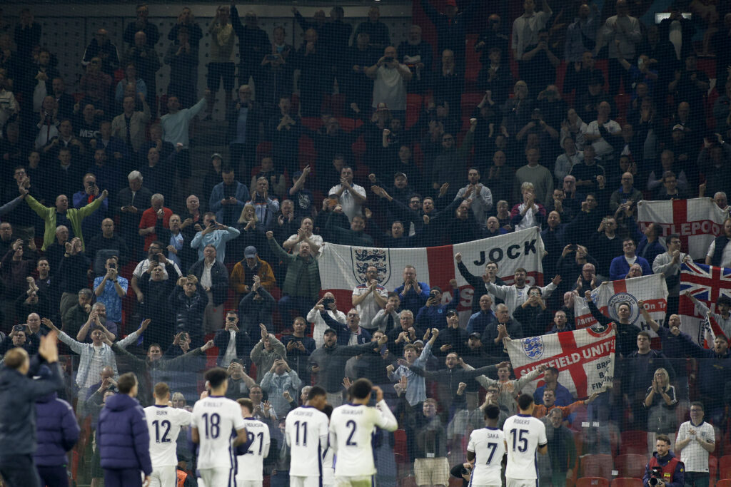 England's players acknowledge their supporters at the end of the 2026 World Cup Group K qualifier football match between Albania and England