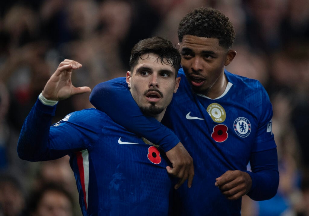 Pedro Neto (left) celebrates scoring Chelsea's third goal with Wesley Fofana during the Premier League match between Chelsea and Wolverhampton Wanderers at Stamford Bridge.