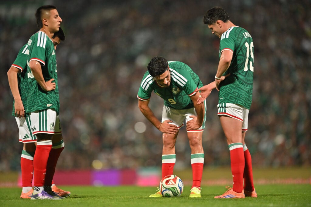 Raúl Jiménez of México prepares to kick a ball during an international friendly match between Mexico and Uruguay at Corona Stadium on November 15, 2025 in Torreon, Mexico.