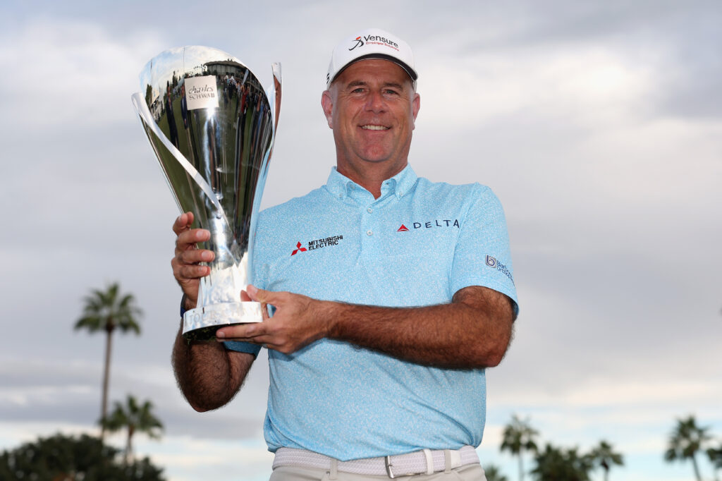 Stewart Cink of the United States poses with the Charles Schwab Cup after winning in the final round of the Charles Schwab Cup Championship