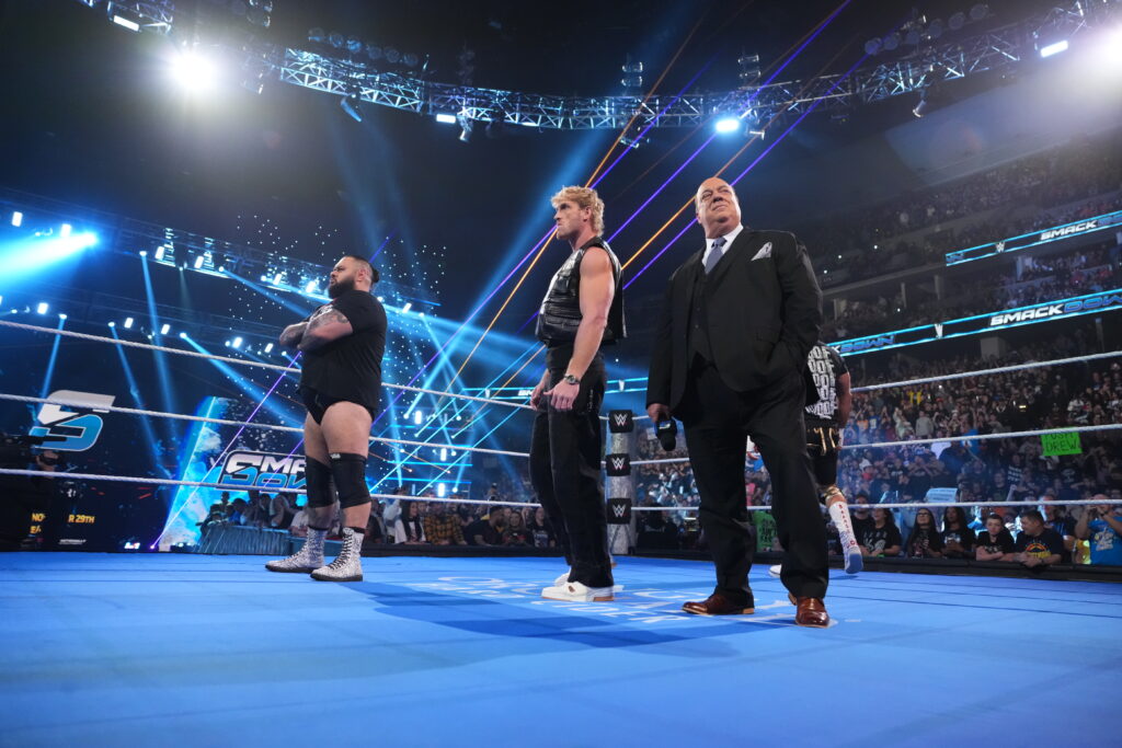Bronson Reed, Logan Paul and Paul Heyman in the ring during SmackDown at Ball Arena on November 21, 2025 in Denver, Colorado.