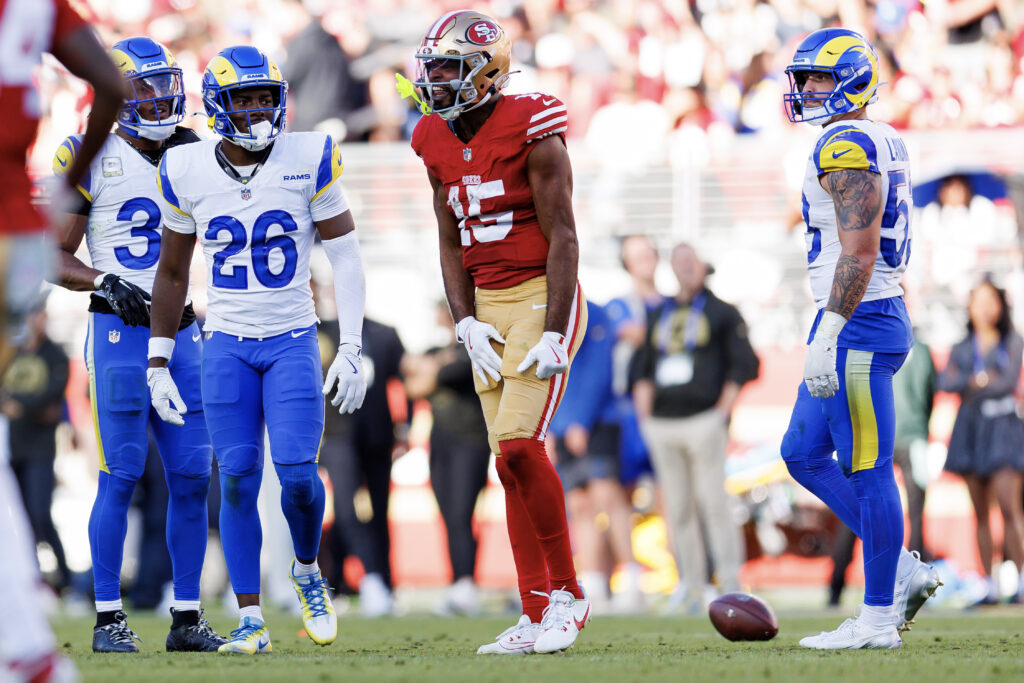 Jauan Jennings #15 of the San Francisco 49ers celebrates after making a play during the second quarter of an NFL football game against the Los Angeles Rams at Levi's Stadium on November 09, 2025 in Santa Clara, California.