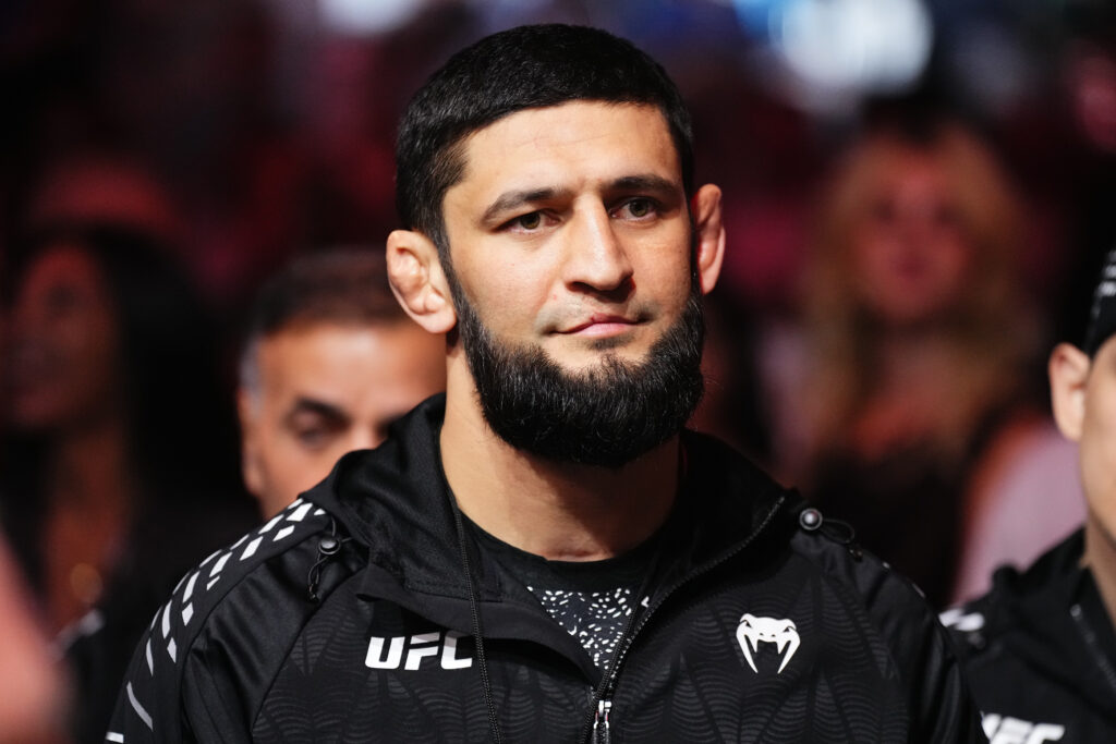 Khamzat Chimaev is seen in attendance during the UFC Fight Night event at ABHA Arena.