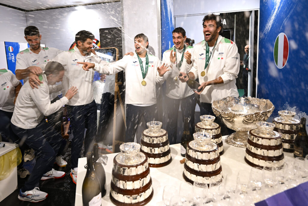 Team Italy celebrate after winning the 2025 Davis Cup Finals