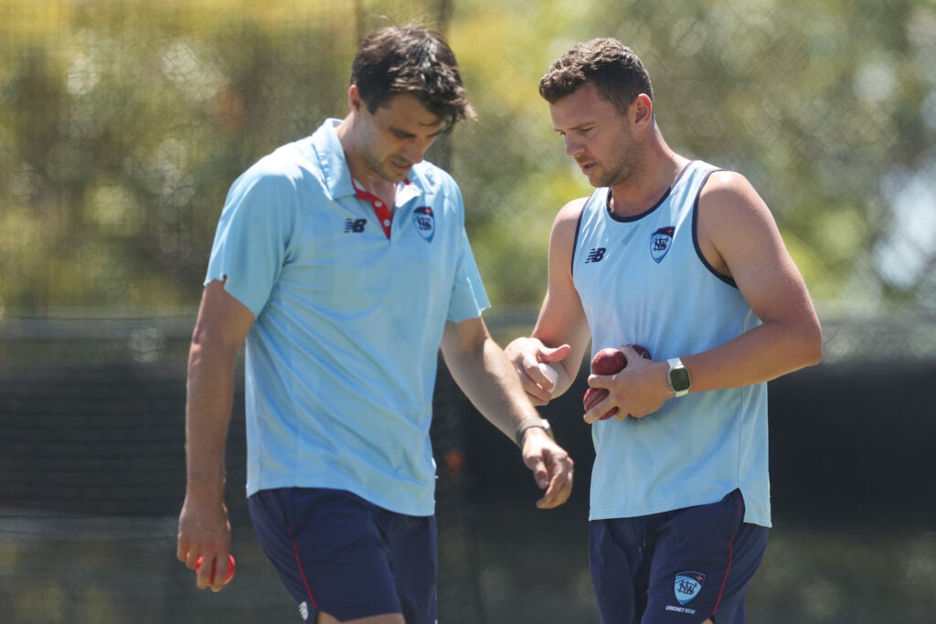 Pat Cummins and Josh Hazlewood bowl during a practice session